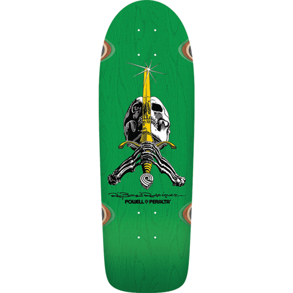 Powell Peralta Rodriguez Skull/Sword Skateboard Deck -10x30 Green Stain DECK ONLY