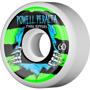 Powell Peralta Park Ripper II 60mm White W/Green/Blu Skateboard Wheels (Set of 4)