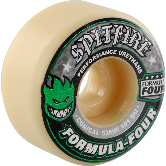 Spitfire Formula 4 101a Conical 52mm White W/Green & Black Skateboard Wheels (Set of 4) | Universo Extremo Boards Skate & Surf