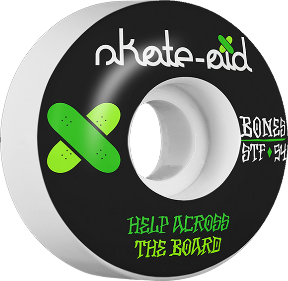 Bones Wheels STF Skate Aid II 54mm 83b White/Black W/Green Skateboard Wheels (Set of 4)