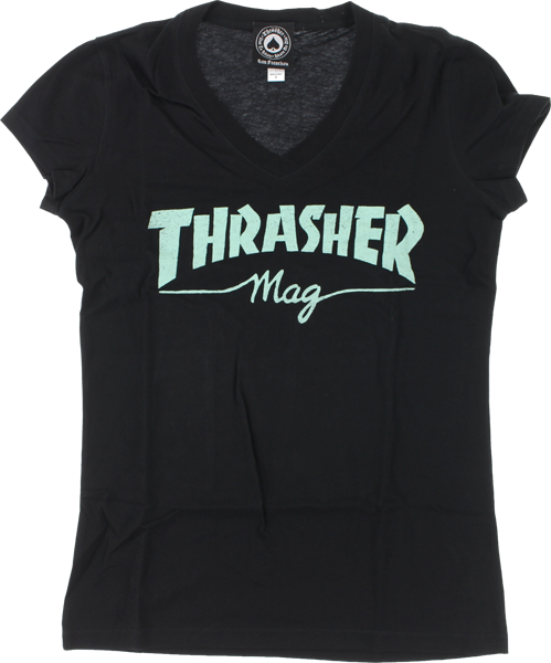 Thrasher Mag Logo Girls V-Neck T-Shirt - Size: LARGE Black/Mint