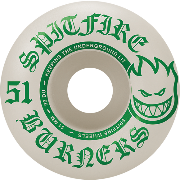 Spitfire Burners 51mm 99a White/Green Skateboard Wheels (Set of 4)