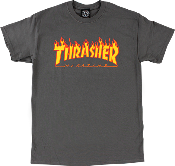 Thrasher Flame T-Shirt - Size: LARGE Charcoal/Yellow & Red